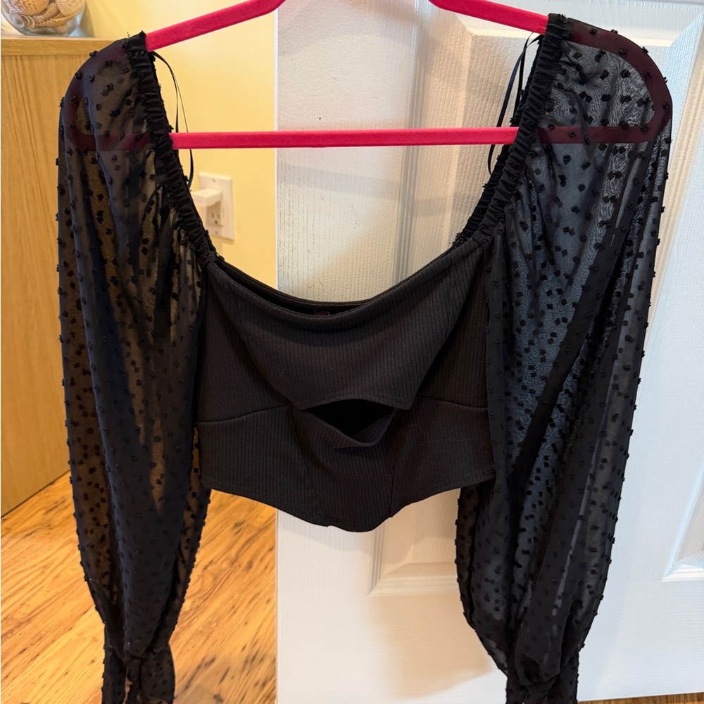 Urban Outfitters Black Sheer Swiss Dot Puff Sleeve Cropped Top